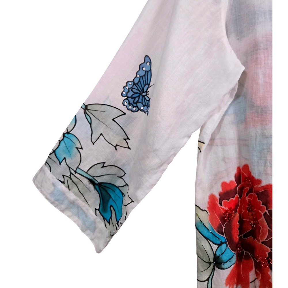 Citron Artsy Ramie Floral Butterfly Beaded Frog Button Kimono Tunic Women's M - Picture 7 of 9